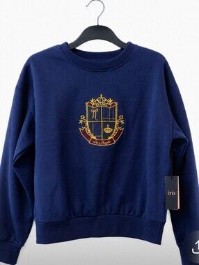 iris Navy Crewneck Sweater with Gold Crest
